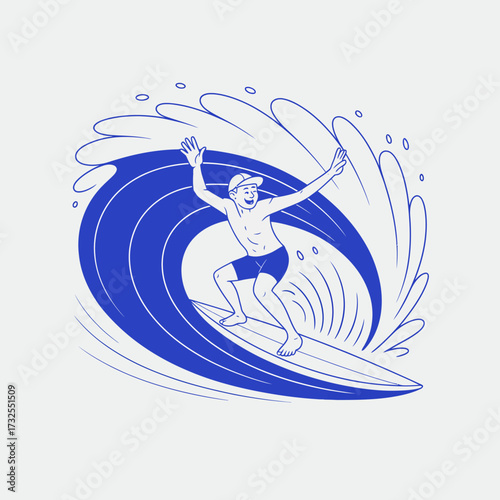 An exhilarating illustration of a surfer riding a wave, capturing the thrill and energy of surfing, reflecting the joy of adventure and connection with nature.