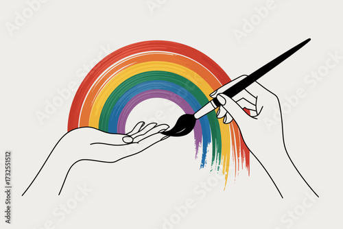 In this image, a hand is depicted gracefully painting a colorful rainbow, symbolizing hope and creativity, blending artistic expression with vibrant colors.
