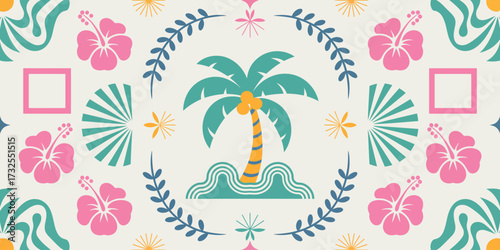 A colorful depiction of a palm tree surrounded by abstract floral designs and vibrant patterns, encapsulating the essence of a tropical paradise.
