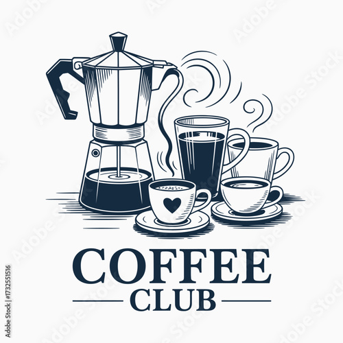 A beautifully arranged set of coffee cups alongside a traditional moka pot, showcasing a cozy and inviting coffee club atmosphere perfect for enthusiasts.