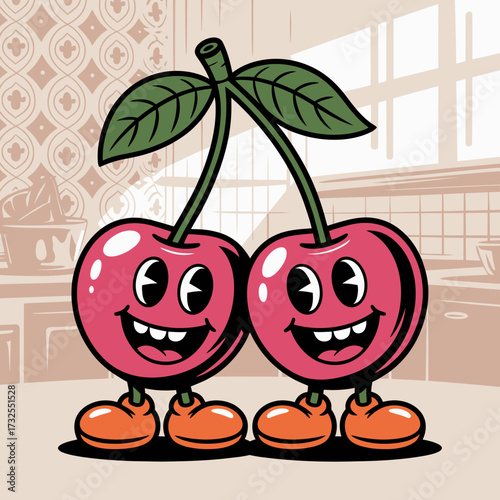 Two happy cherries posing in a warm kitchen setting, showcasing their playful friendship in a delightful and inviting environment filled with homey charm.