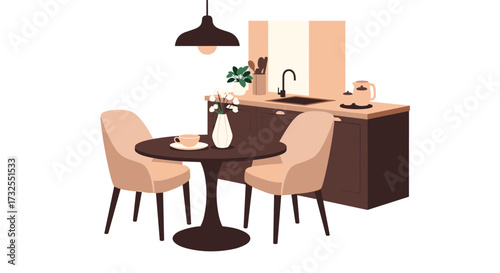 A cozy dining nook in a modern kitchen with two comfortable chairs and a small round table.