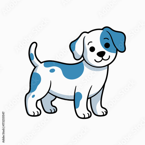 This cute blue and white spotted puppy stands proudly with a happy smile, encapsulating joy and innocence, making it a wonderful image suitable for children's themes and products.
