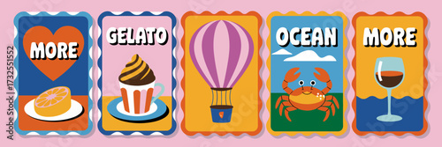 This vibrant image showcases a playful design featuring gelato, ocean elements, and the repeated word ‘More,’ evoking feelings of joy and summer fun for viewers and customers.