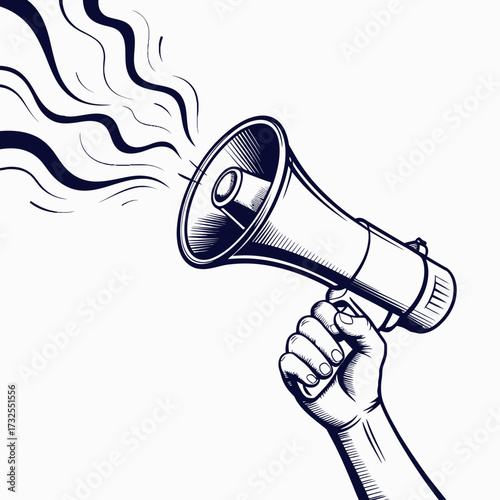A hand gripping a megaphone while sound waves emanate from it, representational of communication, amplification, and the power of expression in this bold graphic illustration.
