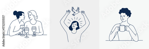 This artwork illustrates an ecstatic person with arms raised and a dove taking flight, symbolizing liberation, joy, and the celebration of life's uplifting moments.