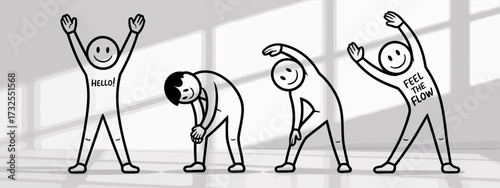 This simplistic illustration of stick figures showcases a range of energetic movements, emphasizing joy and positivity through clear lines and a minimalistic design approach.