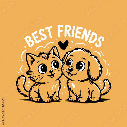 This heartwarming cartoon art features a lovable cat and dog posing as best friends, embodying the spirit of unconditional friendship in a colorful and cheerful manner.