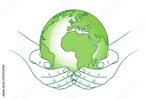 Artistic representation of two hands tenderly holding a green globe is a powerful symbol of care for the environment, highlighting humanity's role in protecting our planet.