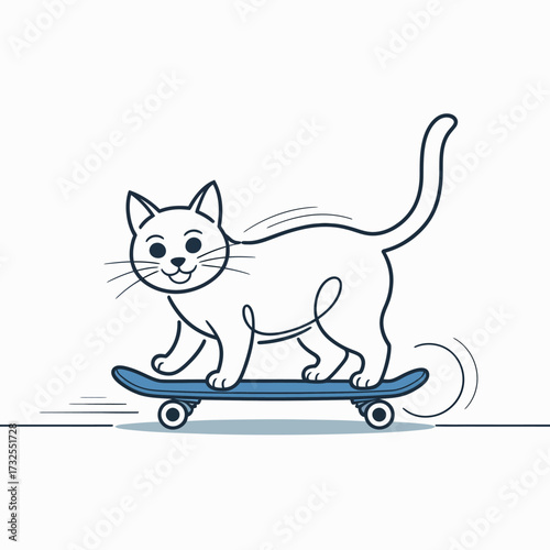 A charming illustration of a playful cat confidently skating on a blue skateboard, capturing the joy and excitement of this whimsical feline on wheels.