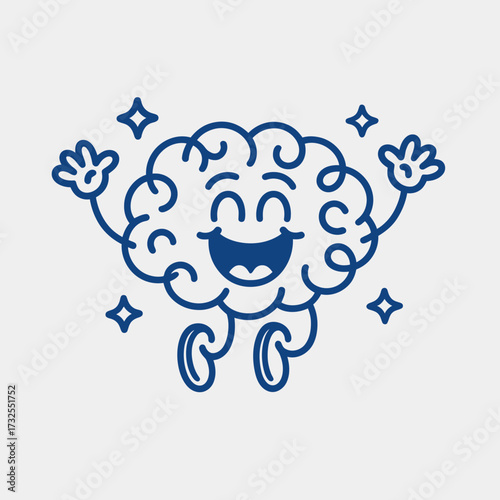 This charming and whimsical illustration features a joyful brain character, complete with expressive eyes and hands raised in delight, embodying cheerful excitement and positivity.