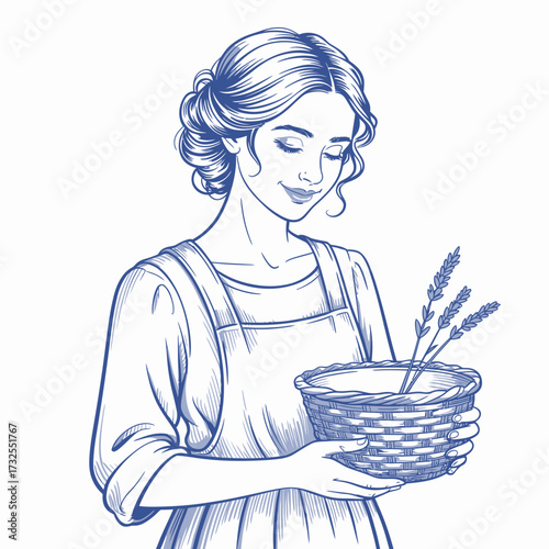 A serene woman in an apron gently cradles a basket filled with lavender and wheat, embodying tranquility and connection to nature in her peaceful demeanor.