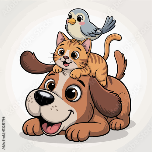 This engaging illustration features a happy dog with a kitten and a bird perched above, conveying a sense of playful friendship and lively interaction among the adorable characters.