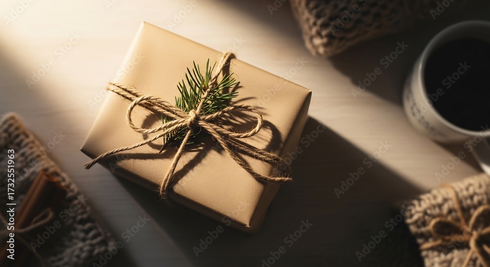 Obraz premium A gift box wrapped in brown paper tied with twine and a sprig of pine