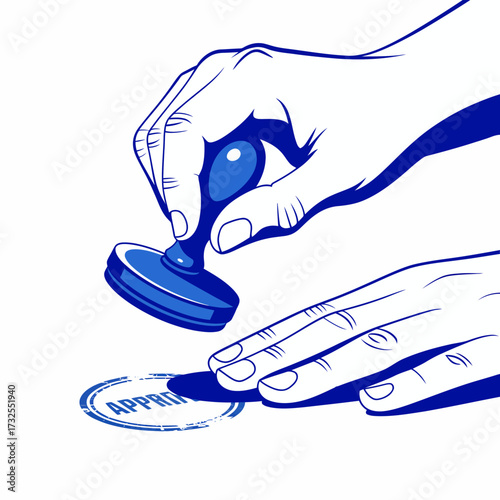 A dynamic illustration of a blue approval stamp rendering on paper, showcasing the essential role of stamping in formal documentation processes and approvals.