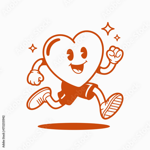 This vibrant illustration depicts a joyful heart character running energetically, symbolizing health, vitality, and happiness through its playful design and lively expression.