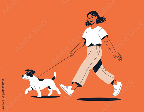An artistic depiction of a woman walking her dog, encapsulating the spirit of happiness and companionship in a stylized and modern illustration that resonates with energy.