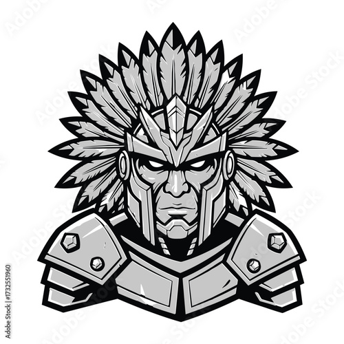 Close-up portrait of a female robotic Indian warrior mascot, confident expression, steel-like cyber helmet fused with tribal Indian feathers as mechanical blades, armored shoulders