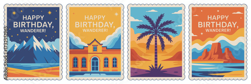 An eye-catching collection of birthday greeting cards featuring stunning scenic landscapes, appealing to wanderers and explorers celebrating their special day.