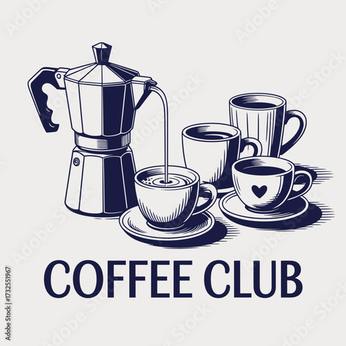 An artistic depiction of a moka pot pouring coffee into beautifully designed cups, emphasizing the joy and culture of coffee drinking in a lively coffee club setting.