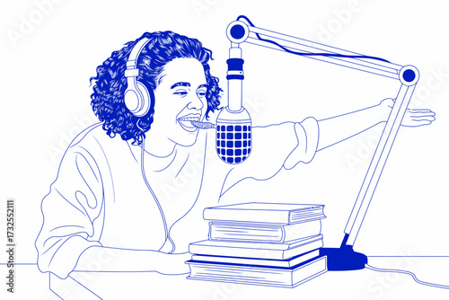 Dynamic illustration of a podcaster passionately engaging in discussion at a microphone, surrounded by stacked books, highlighting the intersection of knowledge and media.
