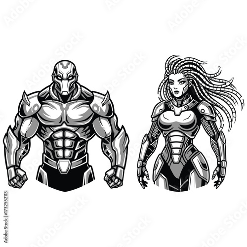 Two humanoid mascots standing together heavy futuristic armor  muscular humanoid bodies