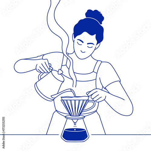 A focused barista pours hot water over a coffee filter, exemplifying the art of using a pour-over method to create a vibrant and flavorful cup of coffee.
