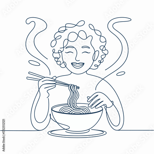 A joyful line drawing captures a child enjoying a bowl of noodles, evoking feelings of comfort and delight as the essence of food intertwines with moments of happiness.