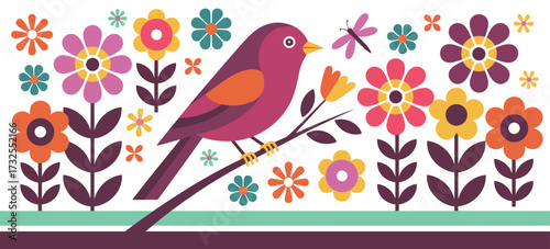 A charming digital illustration of a bird among bright and colorful flowers, embodying a joyful celebration of nature and artistic expression in a playful design.