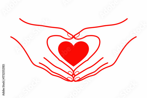 Two hands delicately creating a heart shape around a red heart, representing love and affection, ideal for conveying deep emotions and connections between loved ones.