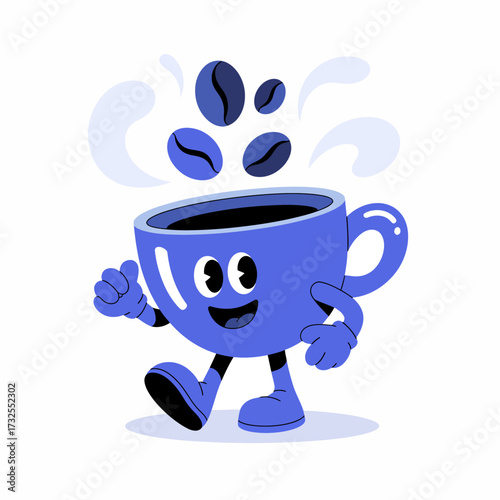 This illustration portrays a friendly coffee cup character full of vibrant energy, emanating joy with coffee beans dancing above, signifying excitement and enjoyment.