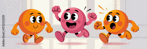 Three exuberant round characters are captured in action, joyfully running and celebrating their friendship, encapsulating childhood innocence and the joy of being together.