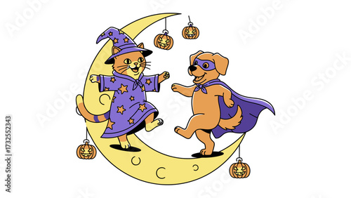 Cat Wizard and Dog Superhero on Moon: A charming illustration of a cat wizard and a dog superhero playfully dancing on a crescent moon, embracing the festive spirit. 