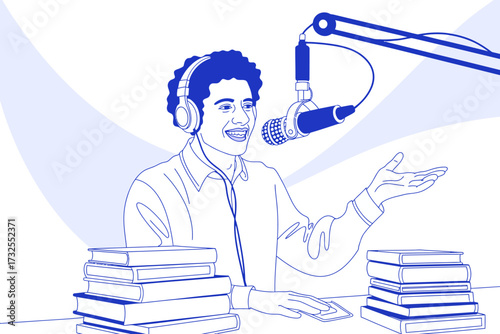 An inviting blue-toned image of a cheerful podcaster wearing headphones, enthusiastically engaging with a microphone and books, capturing the essence of audio storytelling.