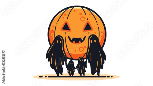 Halloween Family: A friendly family of ghosts stands together in front of a carved, grinning jack-o'-lantern, symbolizing unity and the spooky spirit of the holiday.
