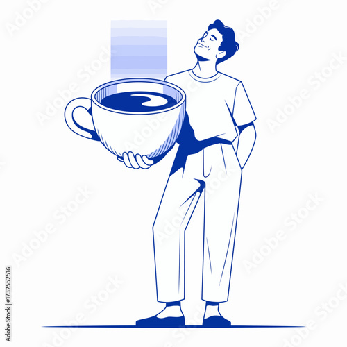 A person stands relaxed, holding a large cup of coffee while pondering, showcasing a blend of comfort and introspection in a colorful artistic style.
