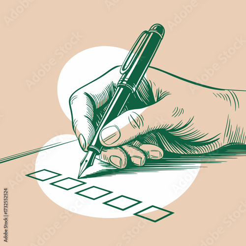 An artistic representation of a hand using a fountain pen to fill out a checklist, showcasing creativity in writing and the importance of task management.