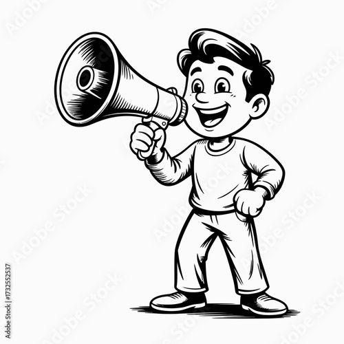 An expressive boy holding a megaphone confidently, aiming to cheer up and motivate others. This artwork embodies liveliness and the infectious spirit of joy and enthusiasm.