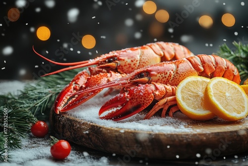 Lobster on cutting board with lemons.