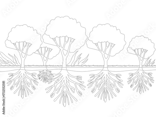 Stylized Tree Illustration Showing Root Systems and Ground Level Detail for Educational or Artistic Purposes with Copy Space