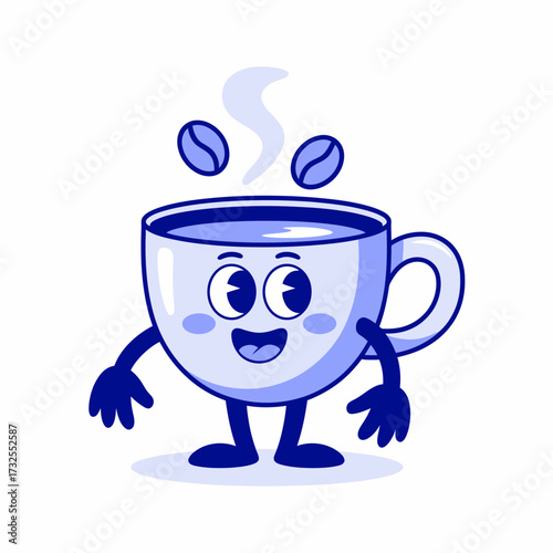 This portrayal showcases a blue coffee cup character with joyful features, presenting a lively and animated appearance that emphasizes the joy and pleasure of coffee enjoyment visually.