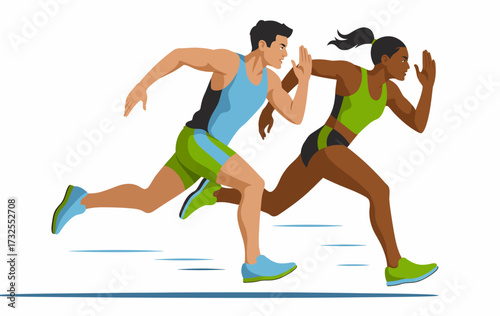 An exciting scene of two runners racing forward, embodying speed and focus against a dynamic backdrop that enhances their athletic prowess and competitive spirit.