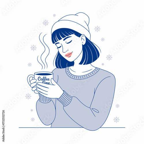 An enchanting illustration of a young woman in a winter beanie enjoying her coffee time, exuding warmth and contentment amidst a snowy backdrop, perfect for cozy vibes.