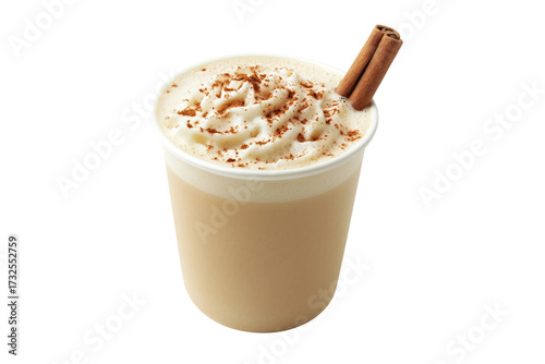 Warm chai latte with cinnamon stick isolated on transparent background