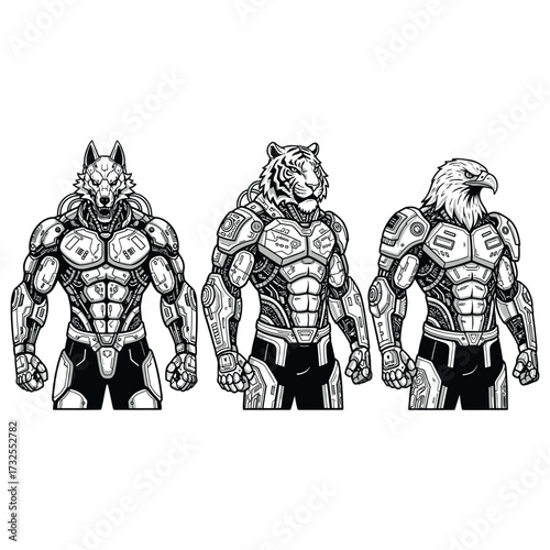 Three humanoid mascots side by side with futuristic visor in armor muscular humanoid bodies esport mascot style, flat black and white vector, no gradients
