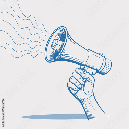 An illustration featuring a megaphone held up while sound waves are illustrated around it, representing the essence of impactful communication and expression in society.