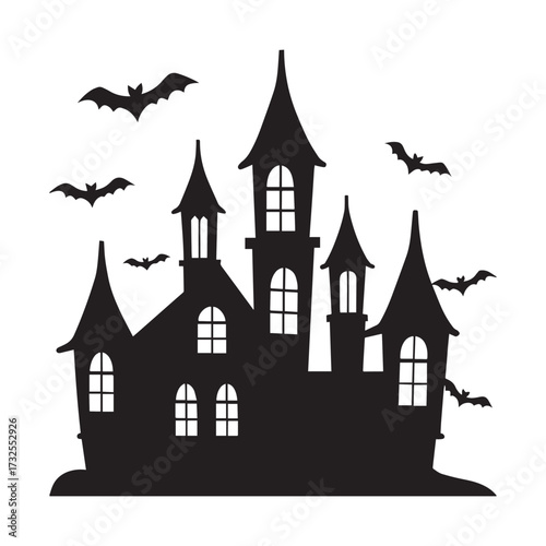 Spooky black silhouette of a haunted house with bats and fence
