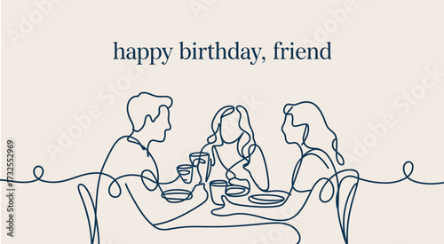 This sleek line drawing captures a joyful birthday celebration among three friends, showcasing their laughter and connections over shared drinks and good food.