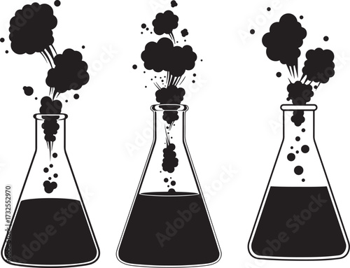 Three laboratory flasks with bubbling black liquid and smoke silhouette