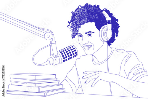 A stylish illustration of a podcast host smiling while speaking into a microphone, surrounded by books, representing enthusiasm and passion for storytelling and knowledge.